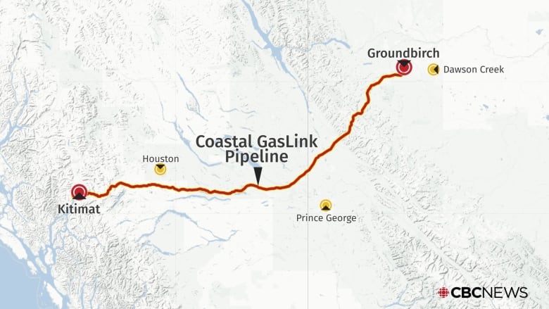 A map shows the route of a pipeline from Groundbirch in northeastern B.C. all the way to Kitimat in northwestern B.C. 