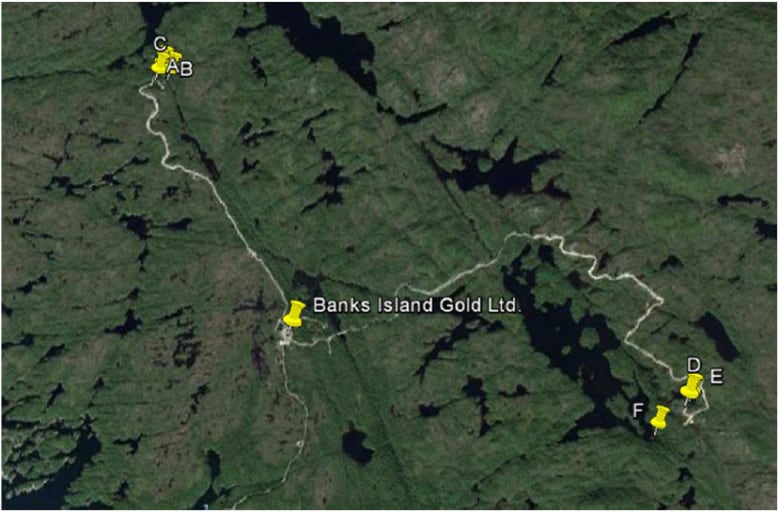 A map shows an overhead view of Banks Island Gold, with yellow pins indicating mining waste.